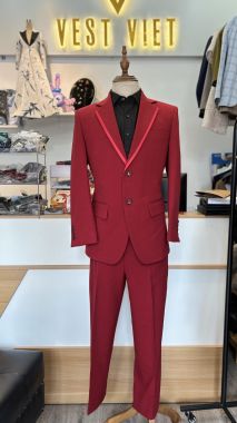 Bộ Vest Nam May Đo Màu Đỏ Red Cherry Viền Cổ Lụa 